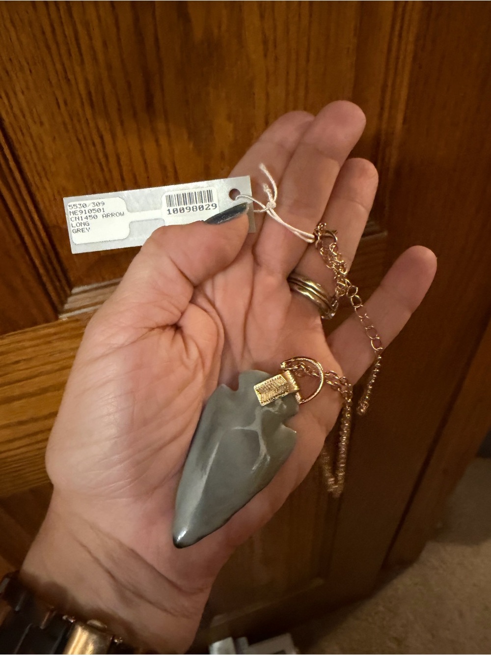 Gray Arrowhead Pendant Necklace on Gold Chain